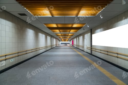 Preview: Walkway with Blank billboard located in underground hall or subway for advertising