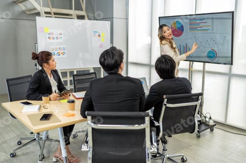 Preview: Employee meeting big screen tv presentation conference discussion brainstorming and working together