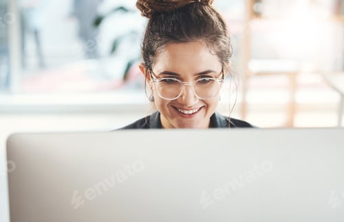 Preview: Computer, working happy woman in office with online project management, networking and internet bus