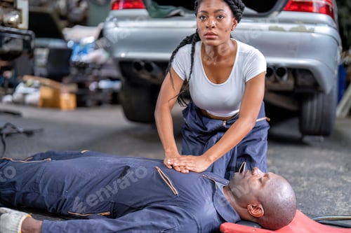 Preview: Mechanical guy at car repair shop got accident lay on the floor
