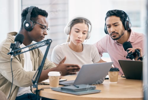 Preview: Men, woman and laptop with microphone, podcast or idea for chat, creativity or opinion on live stre