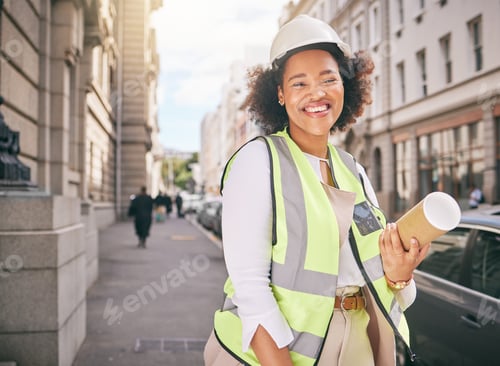 Preview: Happy woman, portrait and architect with blueprint in city for construction, ambition or outdoor ca