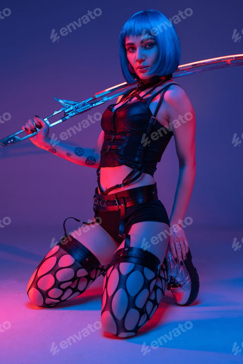 Preview: Seductive cyberpunk woman wielding glowing long sword