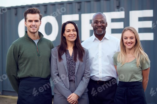 Preview: Portrait Of Multi-Cultural Freight Haulage Team Standing By Shipping Container