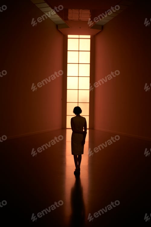 Preview: Silhouetted figure walking towards a large illuminated window in a dimly lit hallway. Germany