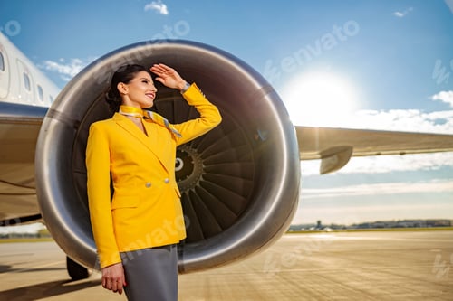 Preview: Joyful woman stewardess standing near airplane engine