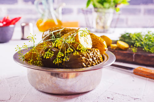 Preview: picled cucumber in metal bowl