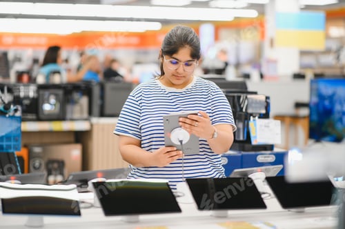 Preview: Smart modern female customer choosing coffee machine at electronics store
