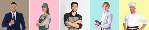 Preview: Collage with photos of people of different professions on color backgrounds. Banner design