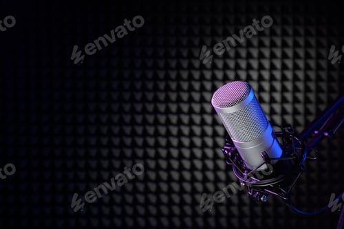 Preview: Professional microphone in the sound recording studio with noise cancelling wall panel.