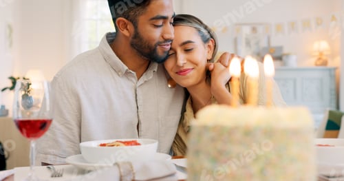 Preview: Interracial couple, gift and celebrate birthday being happy, kiss and smile in home at table with c