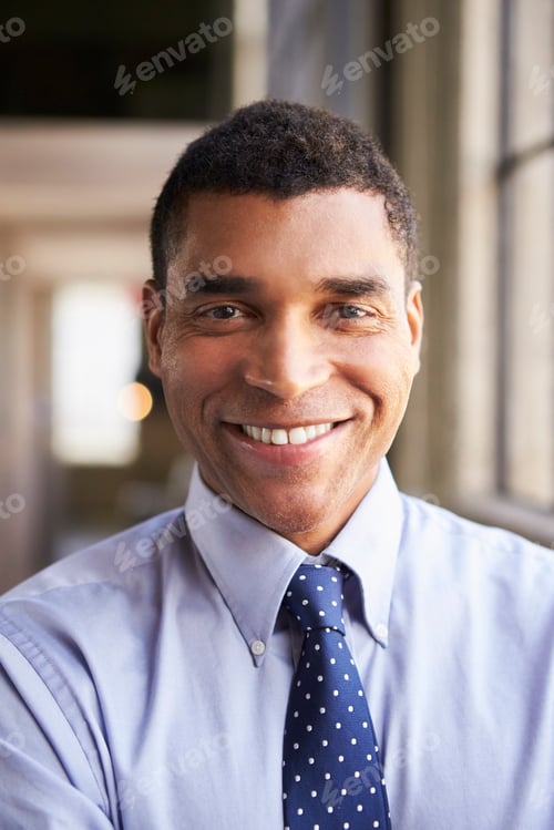 Preview: Smiling mixed race businessman, vertical portrait