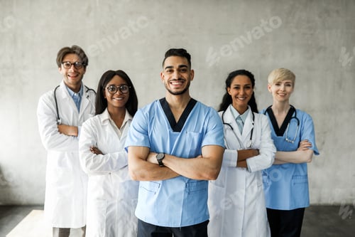 Preview: International team of doctors posing together while having morning breefing