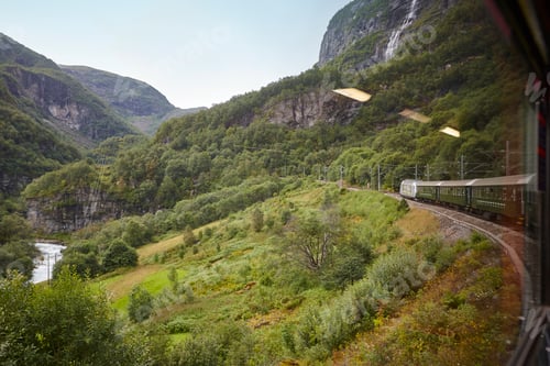Preview: Flam train descent in Norway. Norwegian mountain landscape. Tourism. Horizontal