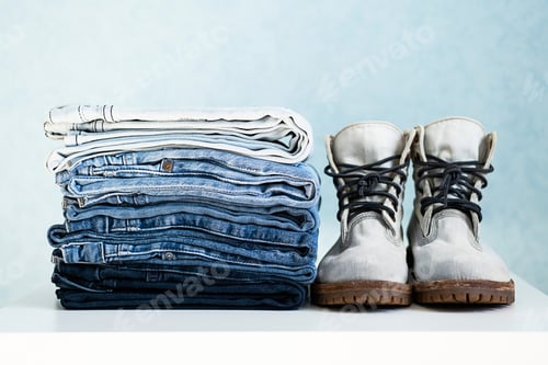 Preview: Denim Jeans Stacked With Gray Work Boots