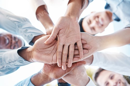 Preview: Team building, diversity or hands in circle for teamwork, motivation or success, mission goals or c