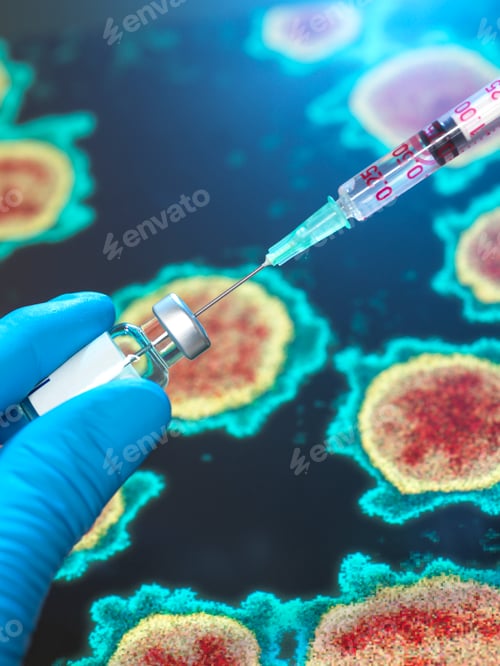 Preview: A medical professional drawing a vaccine into a syringe against a backdrop of virus illustrations.
