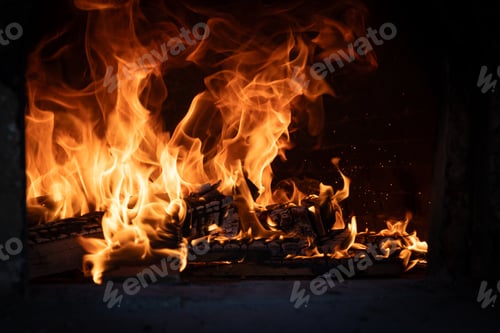 Preview: Fire and burn coals in stone oven. Oven made of bricks and clay.