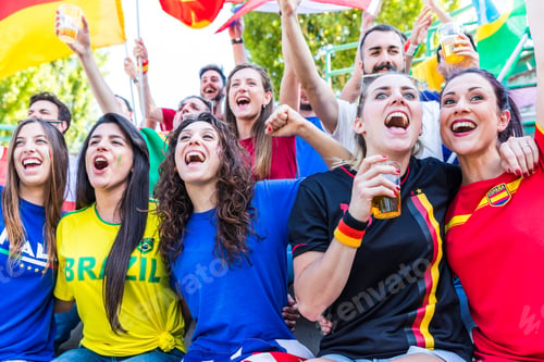 Preview: Happy fans supporters from different countries together at stadium