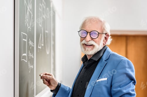 Preview: smiling grey hair professor holding piece of chalk