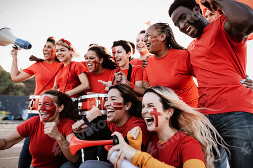 Preview: Crowd football fans having fun supporting favorite team - Soccer sport entertainment concept