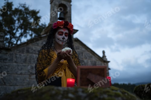 Preview: Mexican woman celebrating day of dead near church at dusk