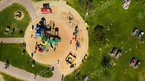Preview: View from the height of the playground and vacationing people in Drozdy in Minsk.Belarus