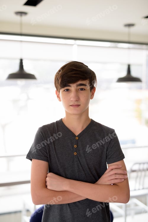 Preview: Young handsome Iranian teenage boy relaxing at home