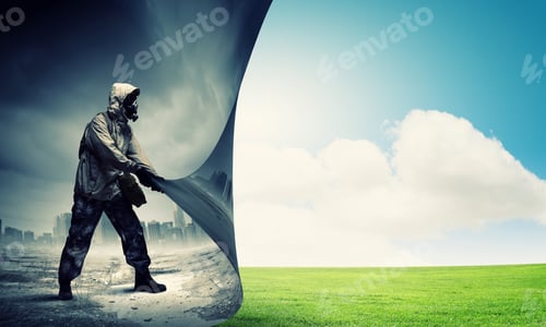 Preview: Image Of Man In Gas Mask Turning Page. Ecology Concept