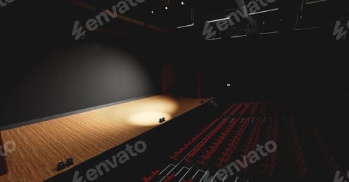 Preview: Theatre with empty stage in spotlight. Red theater curtain and seats