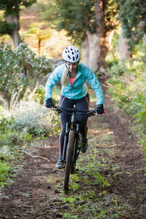 Preview: Female Mountain Biker Riding Bicycle In The Forest On A Sunny Day