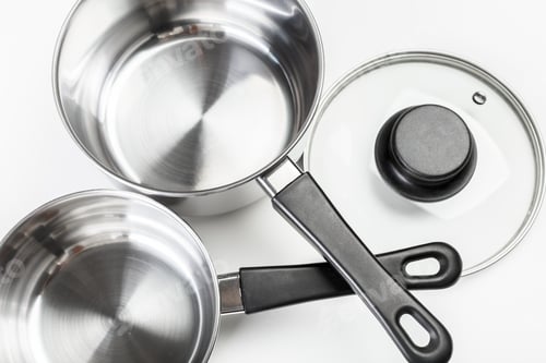 Preview: Stainless steel pots and pans isolated on white