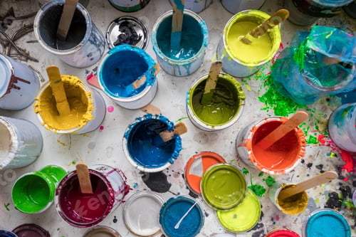 Preview: Overhead view of stirrers in paint pots in surfboard maker's workshop