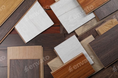 Preview: Different samples of wooden flooring as background, flat lay