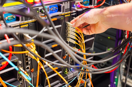 Preview: Hand Plugging Fiber Cable Into Switch In Datacenter