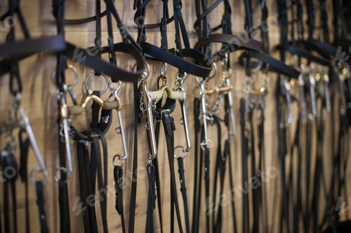 Preview: Row of bridles hanging up in stables