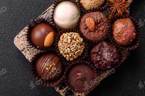 Preview: Homemade chocolate candies with different fillings and sprinkles
