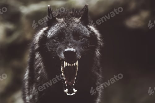 Preview: Soft focus of a fierce growling black wolf with sharp teeth