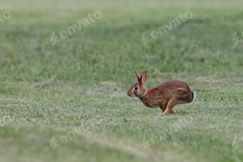 Preview: Rabbit leaping across a grassy field, captured mid-air on a sunny day