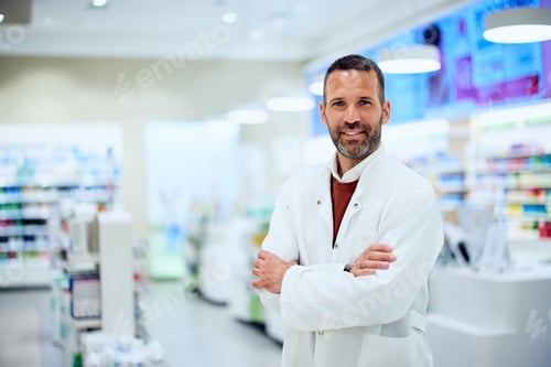 Preview: Confident Pharmacist Standing in a Pharmacy with Arms Crossed