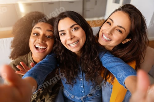 Preview: Selfie of friends with joyous expressions at home