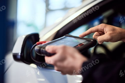 Preview: A tablet in man's hands. Auto mechanic working in the garage. Repair service.