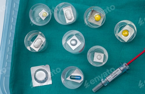 Preview: Diverse medication in glasses monodose along with heparin injectors in hospital, conceptual image