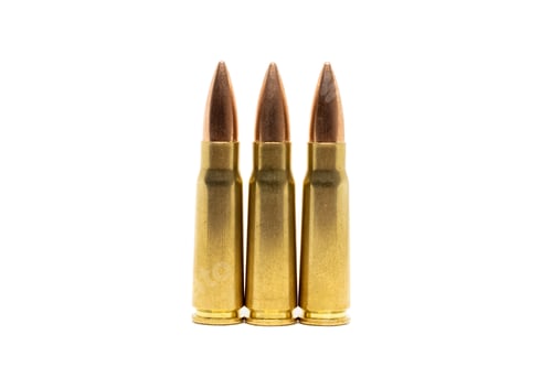 Preview: Three bullets isolated on white background. Cartridges 7.62 caliber for Kalashnikov assault rifle