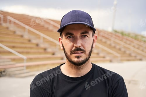 Preview: Outdoor portrait of a Hispanic man looking at the camera seriously