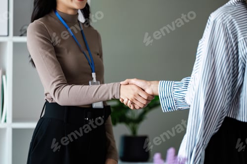 Preview: Two businesswomen shake hand after meeting and agreement on partnership and strategy about financial