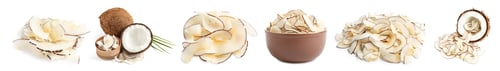 Preview: Set of tasty coconut chips and nuts isolated on white. Banner design