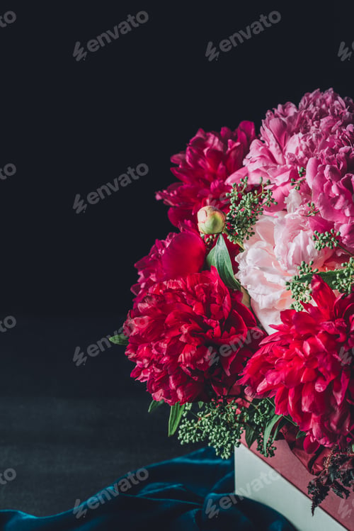 Preview: beautiful pink peony bouquet on dark cloth