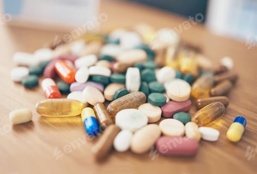 Preview: Healthcare, tablets or table with medicine pills or supplements products at drugstore clinic. Pharm