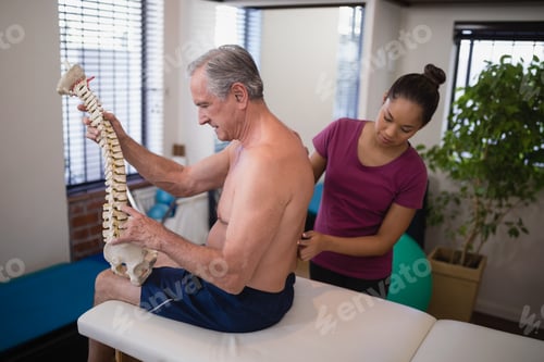 Preview: Female therapist examining back of shirtless male patient holding artificial spine